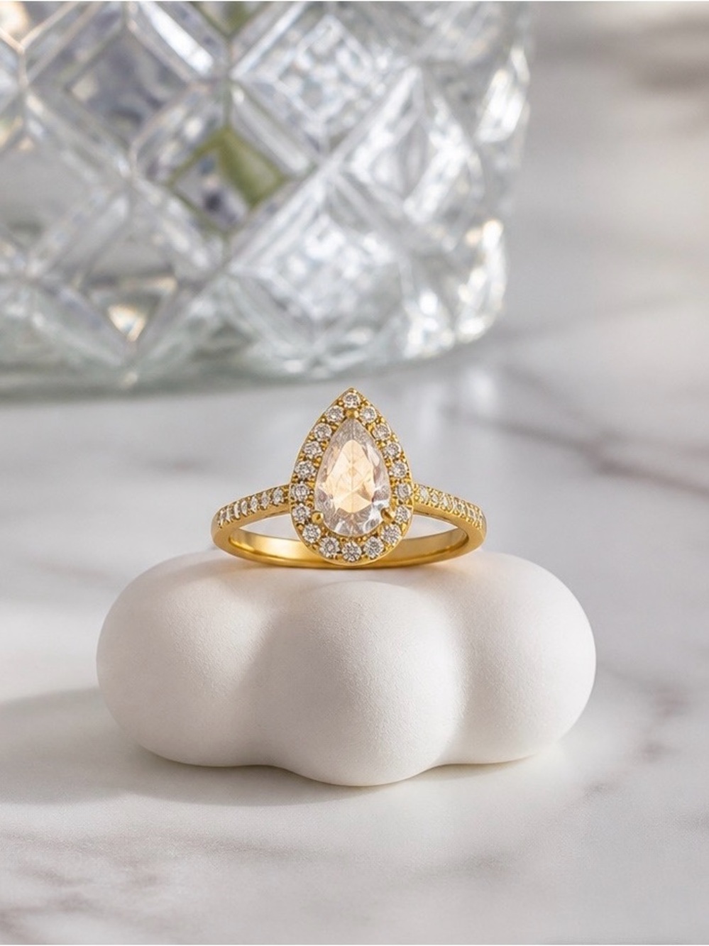 Gold Teardrop Halo Ring with Moissanite Center Stone